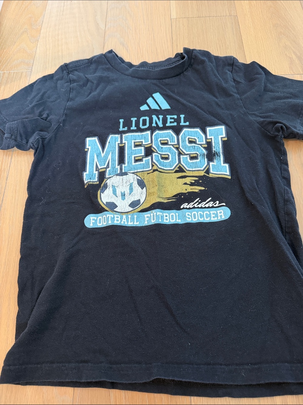 adidas Black Lionel Messi Graphic Soccer Tee with Blue and Gold Accents